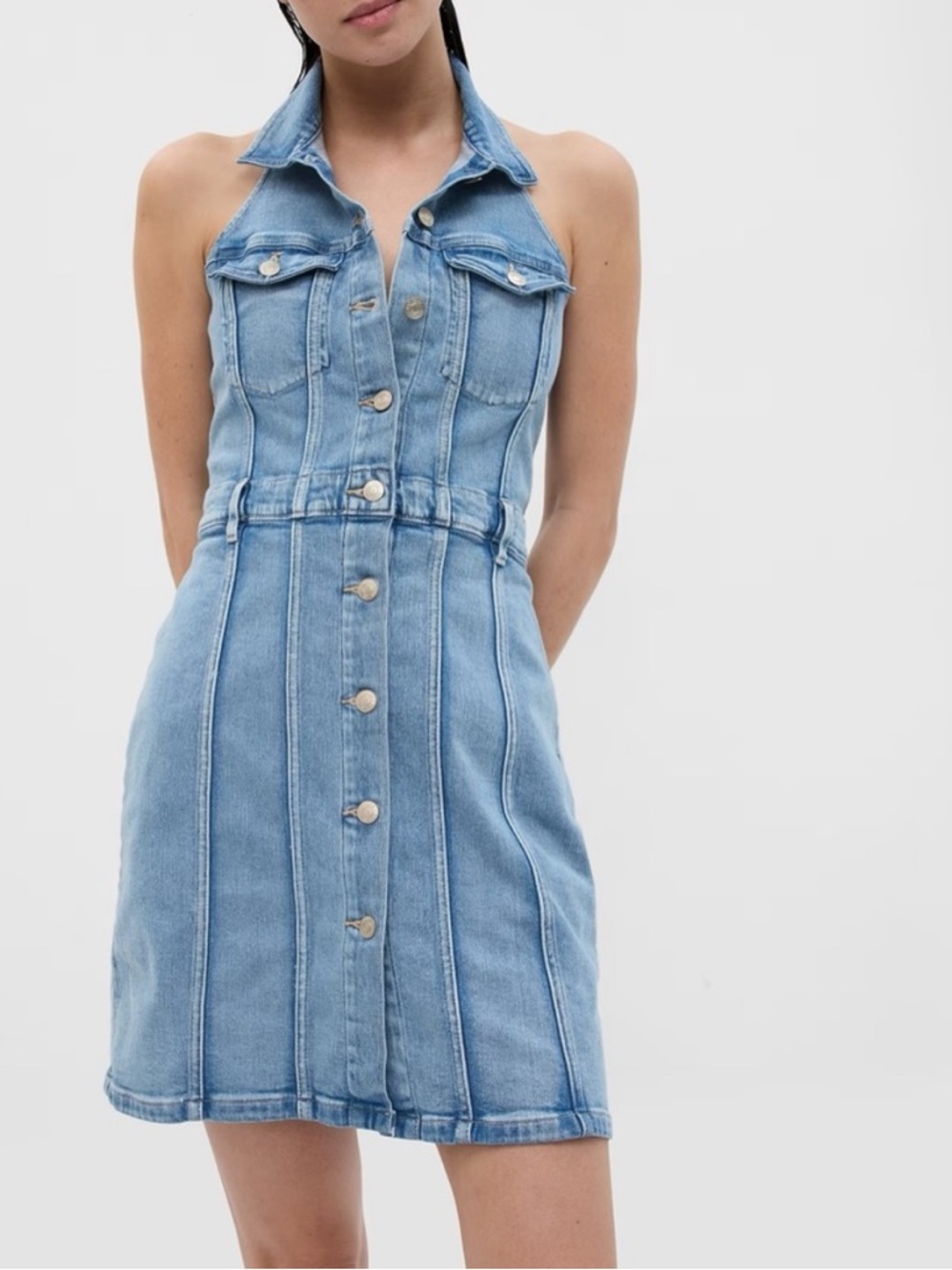 GAP Light Wash Denim Button-Front Halter Mini Dress